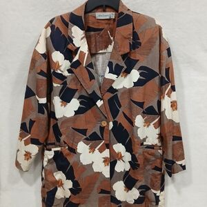 Vintage Adam Douglass Women's L Oversized Blazer Brown Floral Ramie Cotton 90s